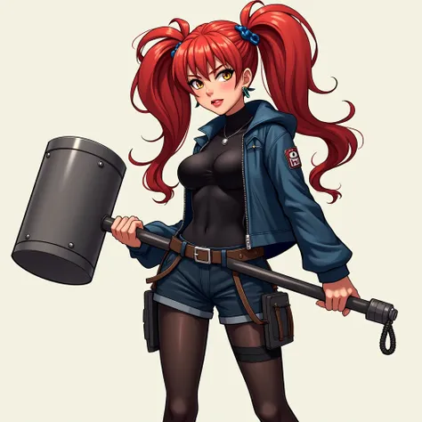 Punk Teen Girl,  big breasts, fit,  sexy, , irritated look , Holding a giant hammer, Red hair, I have twintails.,  yellow eyes, Black bodysuit , Low Waist, Dark blue jacket,  black shorts ,  black pantyhose,  Dark Blue High Heels