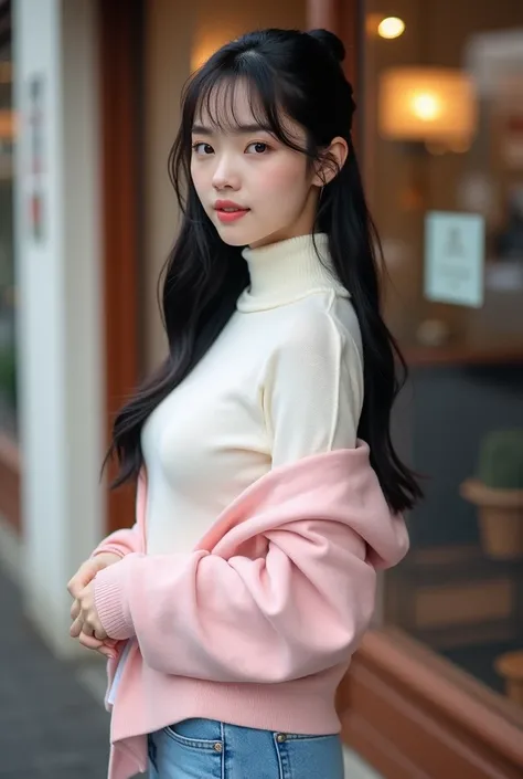 "K-pop style women&#39;  realistic image  、          Korean beauty          , length, Wavy black hair.    tie my hair at the back、I&#39;Iは髪をポニーテールにしています、Im standing in front of Saint Marc Cafe、Im wearing a white high neck long sleeve sweater、 Blue Mini Ski...