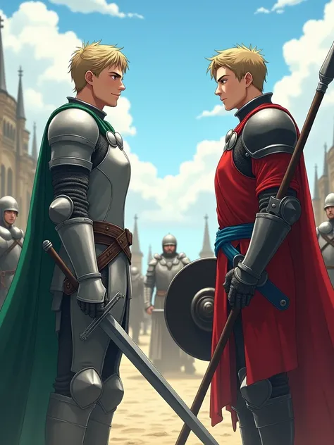  Two men dressed in medieval armor ,  the first man is holding a sword in his hand a silver medieval costume with a green cape and the second man has a spear in his right hand and a shield in his left hand,with a red cape a blue belt around his waist , bla...