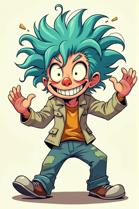 Sketch Cartoon anime of a crazy man with cyan-haired and cross-eyed eyes