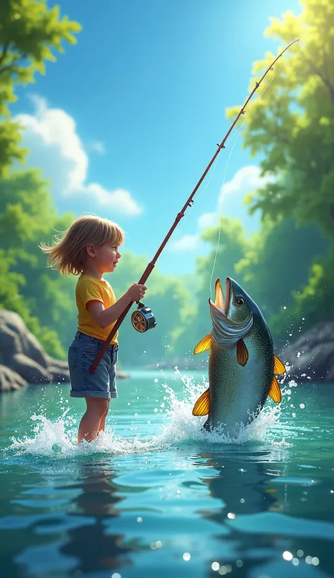 "Create a vibrant scene of a little  girl with short hair, standing in a sparkling river surrounded by lush green trees under a bright blue sky. The  is joyfully holding a fishing rod while catching an enormous fish thats splashing dramatically in the wate...