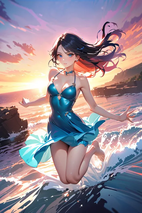 1 girl, (beautiful face), 20 years old, long hair, (determined expression), (wearing a flowing fantasy dress), knee length, (light blue fabric), medium breasts, slim, (splashing water:1.2), 
BREAK 
cliff edge, ocean below, (jumping into water:1.4), (sunset...