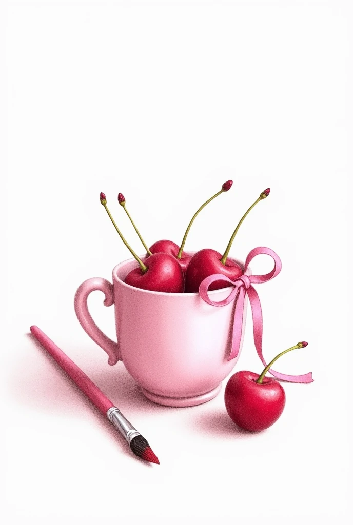 Pencil style: Cup with a pink shot with cherries inside with a pink ribbon and a brush that has the same shades of pink ribbon and with a white background 