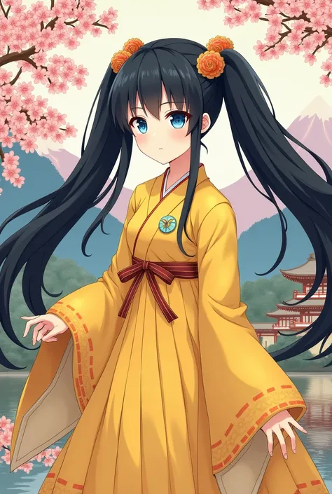 1girl, High Details, High Resolution, Twintails, Black Hair, Very Long Hair, Blue Eyes, Yellow Frock, Ukiyo-e, Anime Style, 