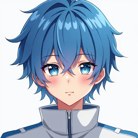 A closeup of a person with blue hair wearing a white jacket, 4D anime style, tall anime face with blue eyes, !! full body portrait!!, anime boy, moe artstyle anime, single full body character, full body!!, anime full body illustration, anime style characte...