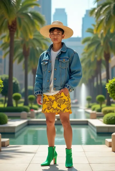  Full distance asian guy 27 years old short haired fast sweet macho. wearing a levis jacket , Wearing a bamboo caping hat ,  wears a yellow print miniskirt and wears green high heels. Full is stylish in the middle of an urban luxury park . Real pic UHD 64k...