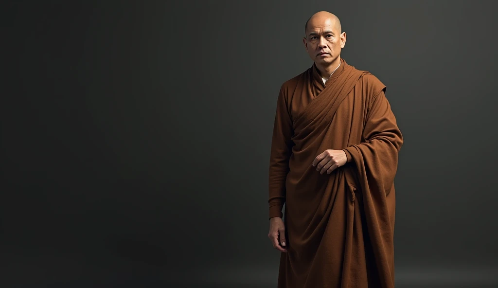 Indian Buddhist monk with realistic human with dark Gray background front camera angle he stand for left side of camera.