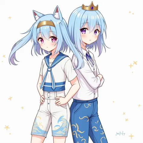 A girl height 1 . 65 small breasts hips large white skin blue hair has two locks of hair that point one on the right and the other on the left at the height of the couple has sea-themed clothes, a white shirt with blue stripes and blue pants with wave patt...