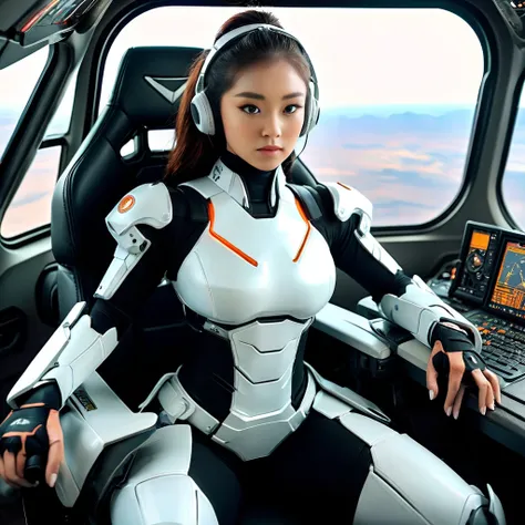 Highly detailed photo of a women, SF soldier, 30yo, (Mech warrior of women mercenary, Hyper huge saggy boobs, (Samurai body armor)), wide open chest, sitting like a queen, Stately and dignified, Very dissatisfied look, (headset, Powerful and beautiful eyes...