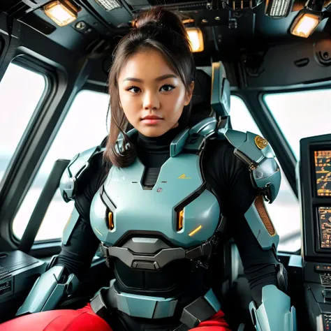 Highly detailed photo of a women, SF soldier, 30yo, (Mech warrior of women mercenary, Hyper huge saggy boobs, (Samurai body armor)), wide open chest, sitting like a queen, Stately and dignified, Very dissatisfied look, (headset, Powerful and beautiful eyes...