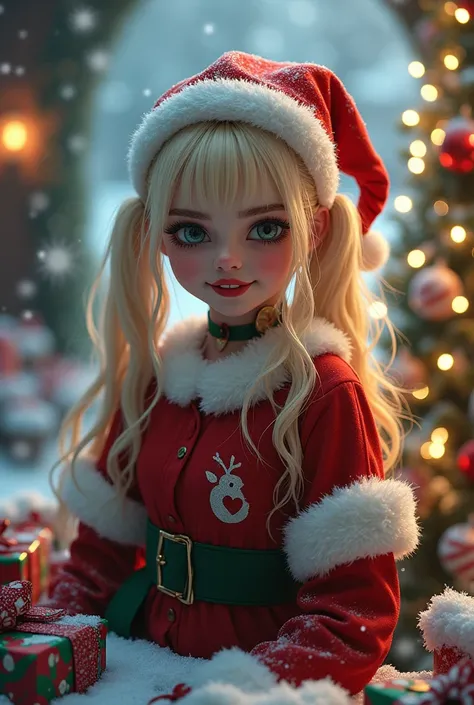 a beautiful Harley Quinn, christmas costume, long blonde pigtails, red and green outfit, santa hat, christmas lights, candy cane, presents, winter wonderland background, (best quality,8k,highres,masterpiece:1.2),extremely detailed face and eyes, photoreali...