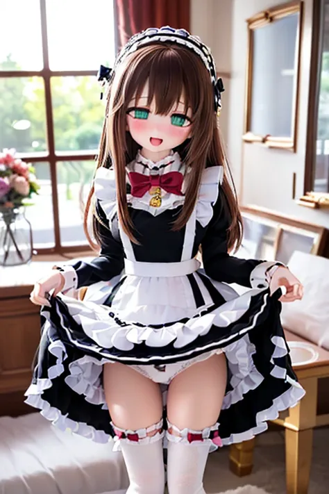 (SFW:2), photorealistic, realistic photo, 8k, Canon EOS, ((highest quality)), ((masterpiece)), (extremely detailed), dd, doll, idol dress, skirt lift, (mature woman, 19yo, 19 years old, solo, bedroom:1.6), (from front, brown hair, long hair, bow, maid head...