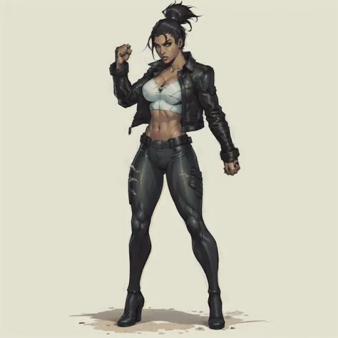 a woman in a leather jacket and jeans posing for a picture, charlie bowater character art, fighter pose, shadowrun character art, highly detailed character design, realistic character concept art, high quality character design, badass pose, female lead cha...