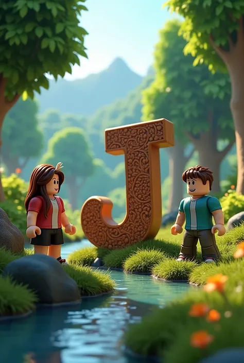 Roblox characters in a natural landscape with the letter J carved as a symbol 
