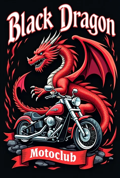 Motoclub-type patch that refers to a red dragon with black and white and a chopper motorcycle that says black dragon in the upper part in Gothic and in the lower tower in the flag type
