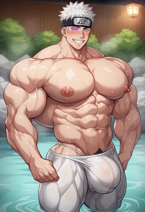 man at an onsen standing in line to enter the hot spring, Muscular Kakashi from Naruto Shippuden, being brainwashed and growing into big mindless muscular man, mindless stare, Kakashi brainwashed, mindless assimilation, Background blur, onsen, sweat, Keepi...