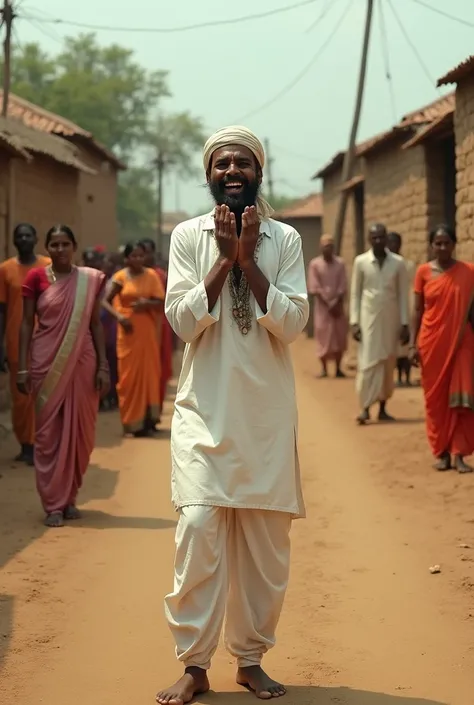 
A rural Indian village with mud houses, narrow lanes, and a few scattered trees. The man, dressed in a loose white kurta-pajama and a simple turban, stands in the middle of the village. He has a thin build, a mischievous grin, and is shouting with his han...