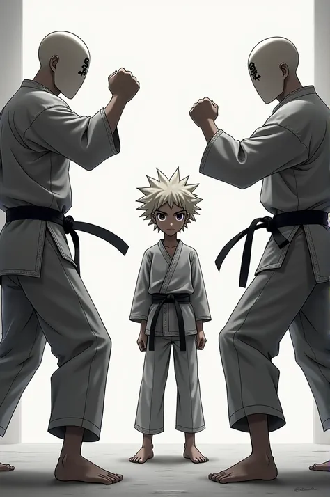  Zushi from Hunter x Hunter ,  with two fighting mannequins one on each side in a fighting position,  the mannequins are wearing karate clothes and have no nose , Mouth not eyes .  They have a kanji written human on their forehead 