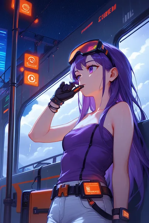 Solo, upper body, looking down at wires, repairing futuristic vehicle, hair blowing in wind, on moving futuristic train cart, outdoors, gloves, Girl with purple eyes, purple hair, long hair, swept, bangs, deep in thought, thin, small breasts, green tinted ...