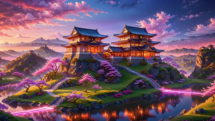 A Masterpiece In 32K Resolution, Supreme Quality, Super Detail, Official Art, Very High-Resolution 32K Wallpaper, Beautiful And Aesthetic, Ultra-Detailed Features, Awe-Inspiring Detail. A Stunning 32K Anime Depiction Of A Traditional Japanese Castle Perche...