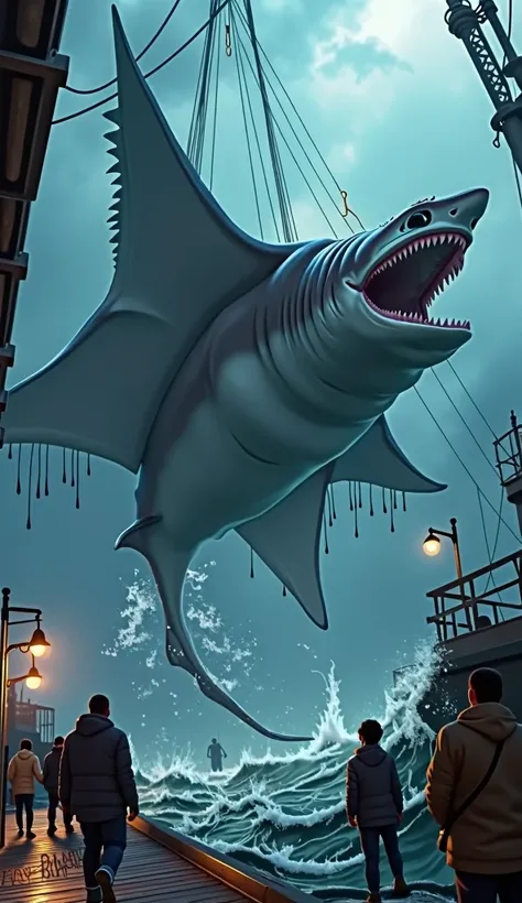 An enormous hybrid sea beast, a blend of a great white shark and a manta ray, hangs precariously from the pulley. Its sleek, muscular body glistens under the deck lights, with massive ray-like wings extending outward, dripping seawater in heavy streams. Ja...