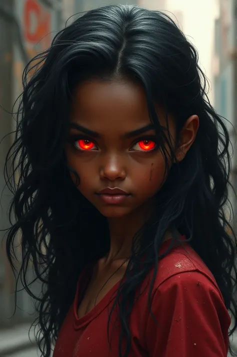 Tough fiery African American girl with black hair and red eyes