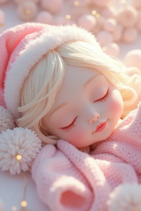    Sleeping face angel face , hair platinum blonde dream core waves, head kawaii Christmas hat Rosa Santa Rosa,cute blouse ,  preppy pink winter skin skirt , cutecore pants , white skin , centada ,Without wings  