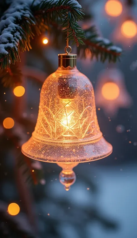 christmas bell、 Christmas Ornaments 、The ornament is transparent and has a beautiful pattern、Sparkling Light 、On the snow、 its snowing、outside、Lantern glows、Very beautiful、 Real Images、オーナメントはピンク、オーナメントは3個、🔔