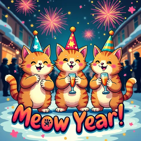 black background,FLAT t shirt design,semi realistic,playful,comic style pop art featuring New Year-themed of three cute chubby playful cats celebrating with soft fur,each cat wearing colorful party hats,holding champagne glasses,play party horns.Next to th...