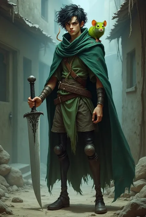  A male character of D &d, ,  white skin , 1,75m tall, 65kg, 19 years old,  brown eyes , black curly hair,thin, with a black-haired, white-skinned dager ,  wizard, With a green pet mouse on his shoulders , angry look, poor, normal right leg and left prosth...