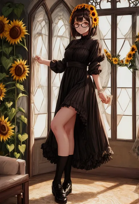 Anime girl with short dark brown hair with hightlights wearing square black glasses, wearing a elegant black sunflower dress, white knee high socks, and black shoes. Background in a sunroom with sunflower decor and sunflower curtains.