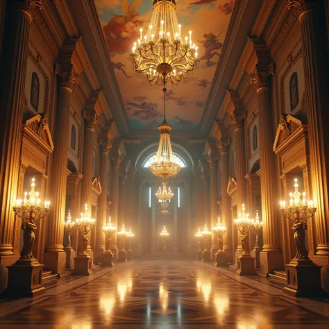 The palace There are multiple chandeliers that give life to the room, as well as small golden statues of human figures holding lamps, whose light is reflected on the polished floor. There are doors and windows interspersed between the carved walls.  the ce...