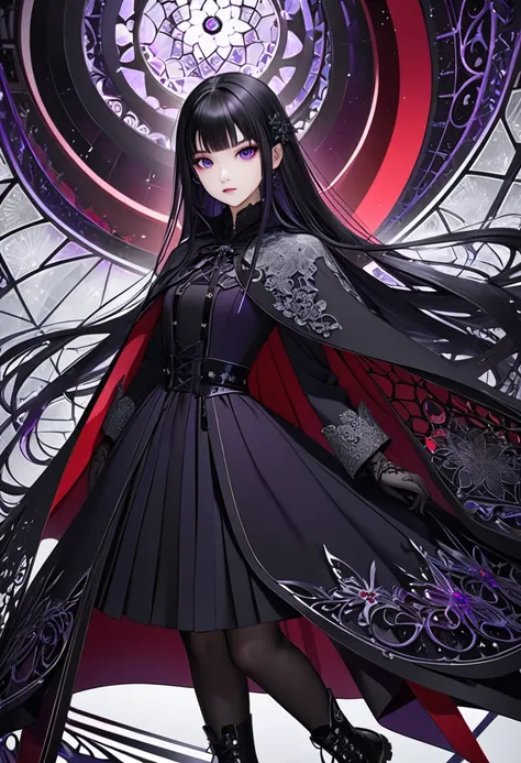 , bright black straight hair 。Magical purple eyes 。 mathematically arranged neutral beauty 。 sharp face line 。 beautiful, cool, and exquisite beauty like ice work 。Stylish and elegant dark dress。 cape coat with gradation from black to red 。 black stockings...