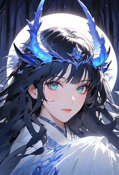 This character is a woman with a mystical aura, beautiful and mature. Her long, bright dark blue hair was shiny with bangs. combined with sharp shining green eyes. She has bright blue dragon horns on her head, wearing a black dress, set in a beautiful dark...