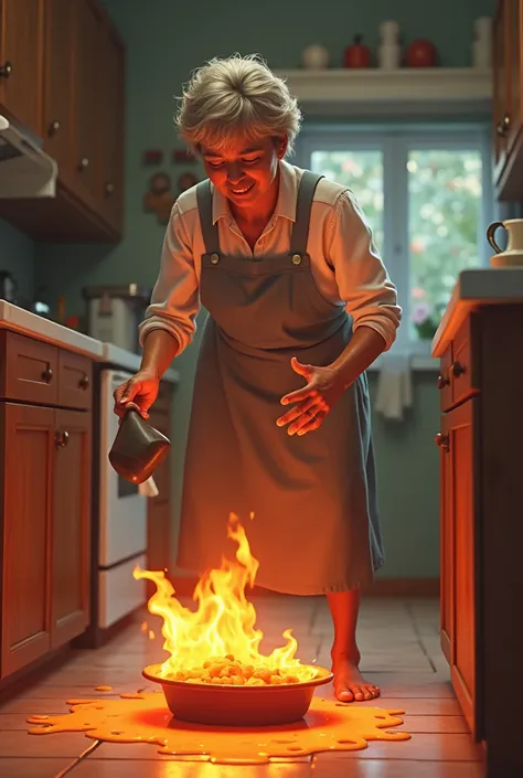 Homemaker cooking some flamed peaches spilling everything on the floor due to burns on his hand