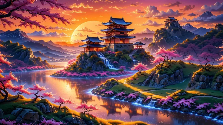 A Masterpiece In 32K Resolution, Supreme Quality, Super Detail, Official Art, Very High-Resolution 32K Wallpaper, Beautiful And Aesthetic, Ultra-Detailed Features, Awe-Inspiring Detail. A Stunning 32K Anime Depiction Of A Traditional Japanese Castle Perche...