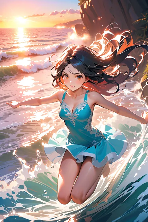 1 girl, (cute face), 20 years old, long hair, (determined expression), (wearing a flowing fantasy dress), knee length, (light blue fabric), medium breasts, slim, (splashing water:1.2), 
BREAK 
cliff edge, ocean below, (jumping into water:1.4), (sunset ligh...