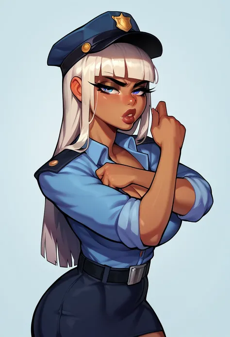 score_9, score_8_up, score_7_up, score_6_up, score_5_up, score_4_up, BREAK 1girl, light blue tentacular hair,  dark skin , thick lips,  long eyelashes , stern expression,  duration , blunt bangs, adult, BREAK solo,  big breasts, adult, skinny, curved back ...