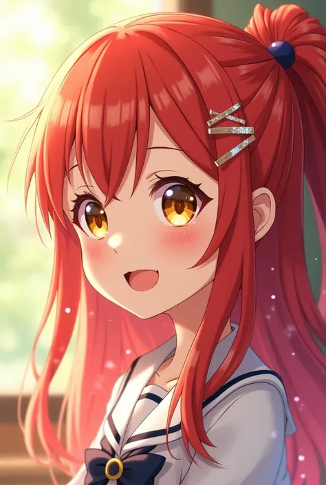  red hair,  smiles,  character profile,  hair clip,  glitter effect,  anime style, student, high definition ,  golden eyes,  open your mouth slightly, tears, 