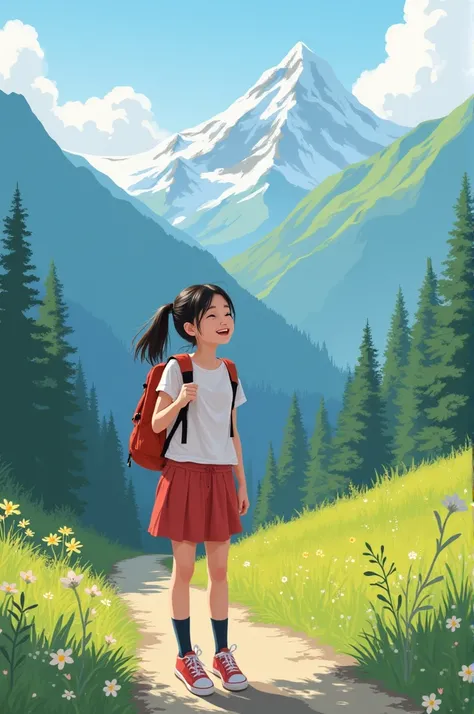 drawing student singing happily when going to school in a mountainous area