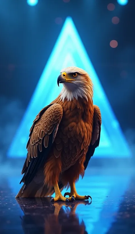 A majestic golden eagle perched with poise on the America’s Got Talent stage, its impressive wings partially spread, catching the vivid blue lighting that highlights its shimmering golden feathers. The eagle’s sharp, focused gaze exudes confidence, reflect...