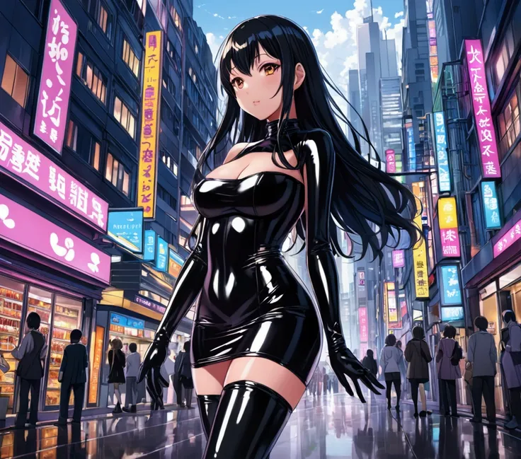 Anime girl in a city wearing a latex dress and thigh highs