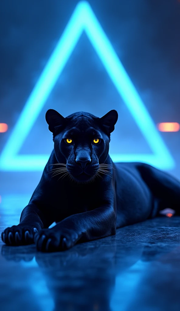 A sleek black panther reclining gracefully on the America’s Got Talent stage, its muscular frame bathed in vivid blue lighting that creates a striking contrast against its dark, glossy coat. The panther’s piercing yellow eyes seem to glow, adding a mesmeri...