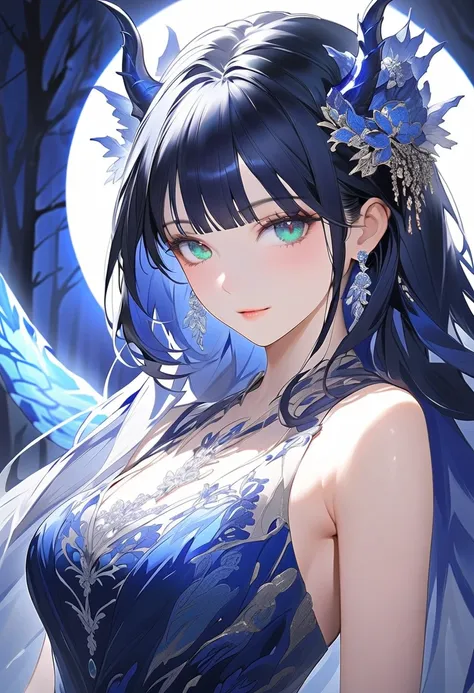 This character is a woman with a mystical aura, beautiful and mature. Her long, bright dark blue hair was shiny with bangs. combined with sharp shining green eyes. She has bright blue dragon horns on her head, wearing a beautiful dress, set in a beautiful ...