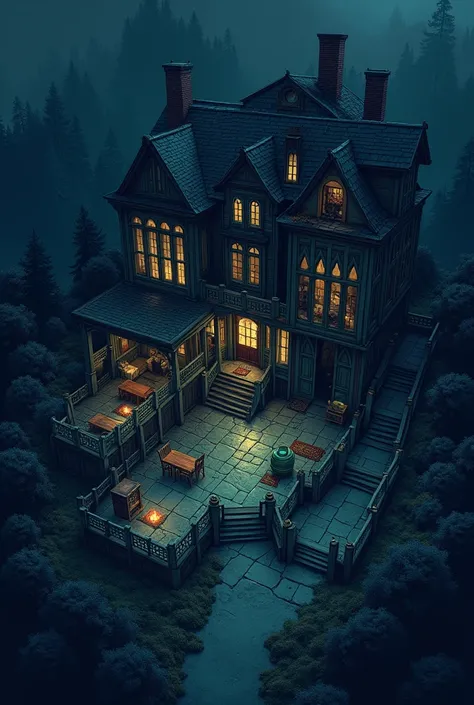 Create the interior of a house in pixel art ,  that can be seen in satellite view with many details vista internamente y que los escenarios sean terroríficos
