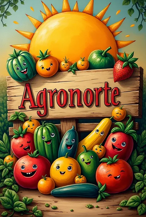 Sign that says Agronorte with lively fruit to make her happier and add vegetables to cheer up happy fruits 