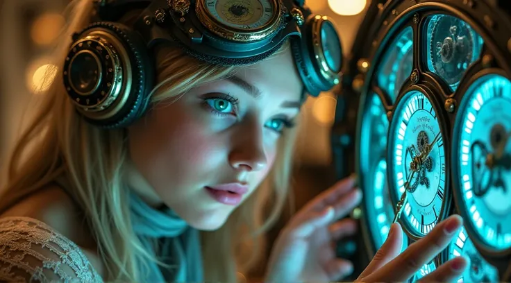 (((half-body))) close-up of the face of a young, beautiful and delicate woman dressed in steampunk attire, with intricate googgle glasses with integrated mechanisms, huge lenses, watch, infrared display, on the body the beautiful young blonde with green ey...