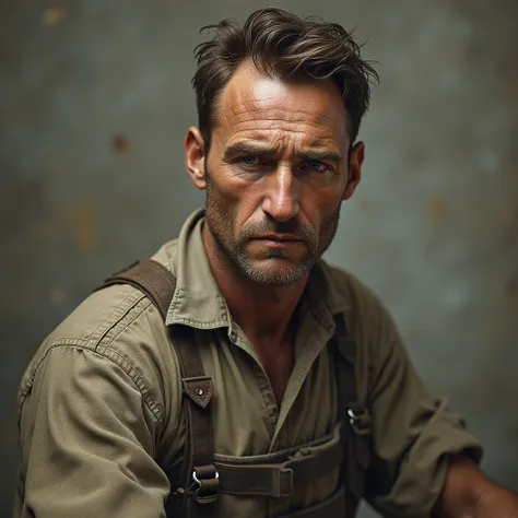 1920s white male miner in his mid-30s, with a rugged, tired face and short, unkempt brown hair. He wears a dusty work shirt with suspenders, the fabric visibly worn from hard labor in the mines. His expression is a mix of exhaustion and quiet determination...