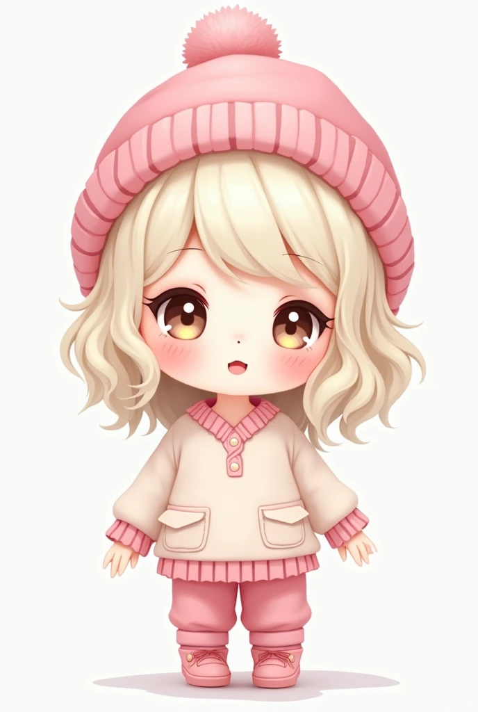   Face kawaii supreme chibi phase , hair platinum blonde dream core waves,Head Kawaii Christmas hat Rosa Santa Rosa,cute blouse ,  preppy pink winter skin skirt , cutecore pants , white skin , centada 