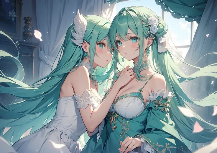 A beautiful anime-style girl with soft, fluffy details, featuring a face structure similar to the provided reference image. She has mint-green hair adorned with delicate roses, and her sparkling green eyes exude a gentle yet captivating charm. Her outfit i...